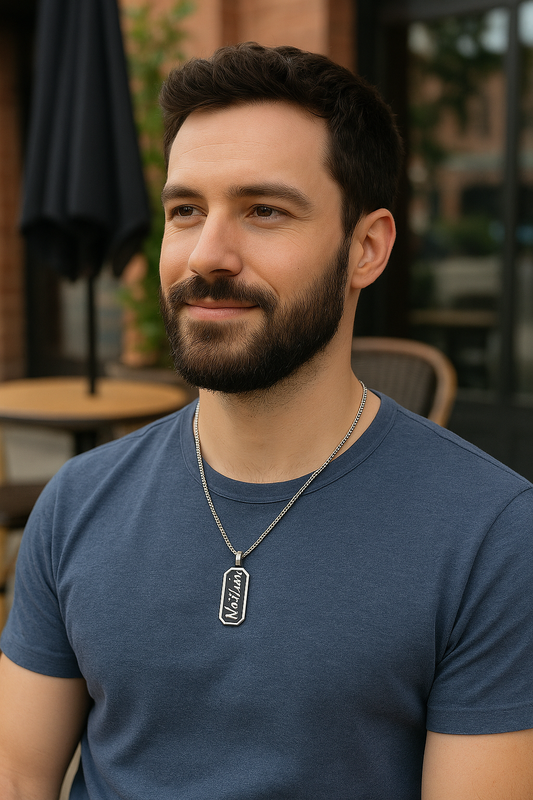 Collier homme personnalisable – pendentif octogonal noir en acier inox 316L – gravure sur mesure – chaîne maille box – Finition Or ou Argent – Idée cadeau