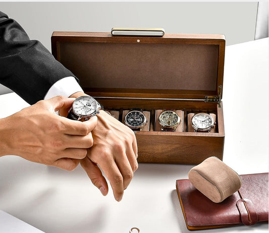 Boîte à Montres personnalisable avec 6 Compartiments, Écrin à Montres pour Hommes, Vitrine de Montres, Boîte de Rangement avec Coussin Amovible