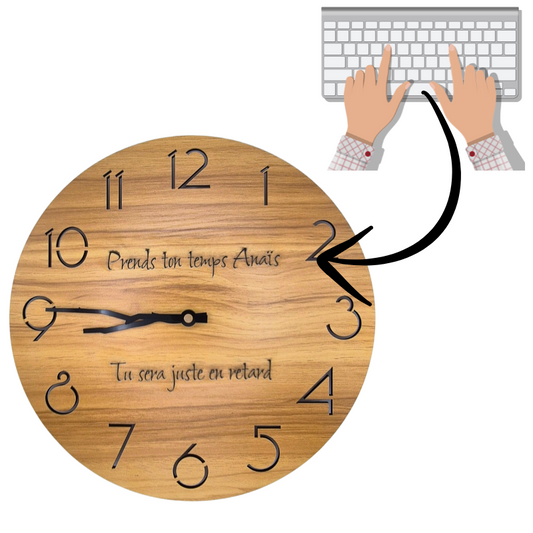 Horloge Murale Bois Personnalisée 30 cm – Message Gravé au-dessus et au-dessous des Aiguilles – Cadeau Unique Famille, Mariage, Anniversaire, Déco Maison