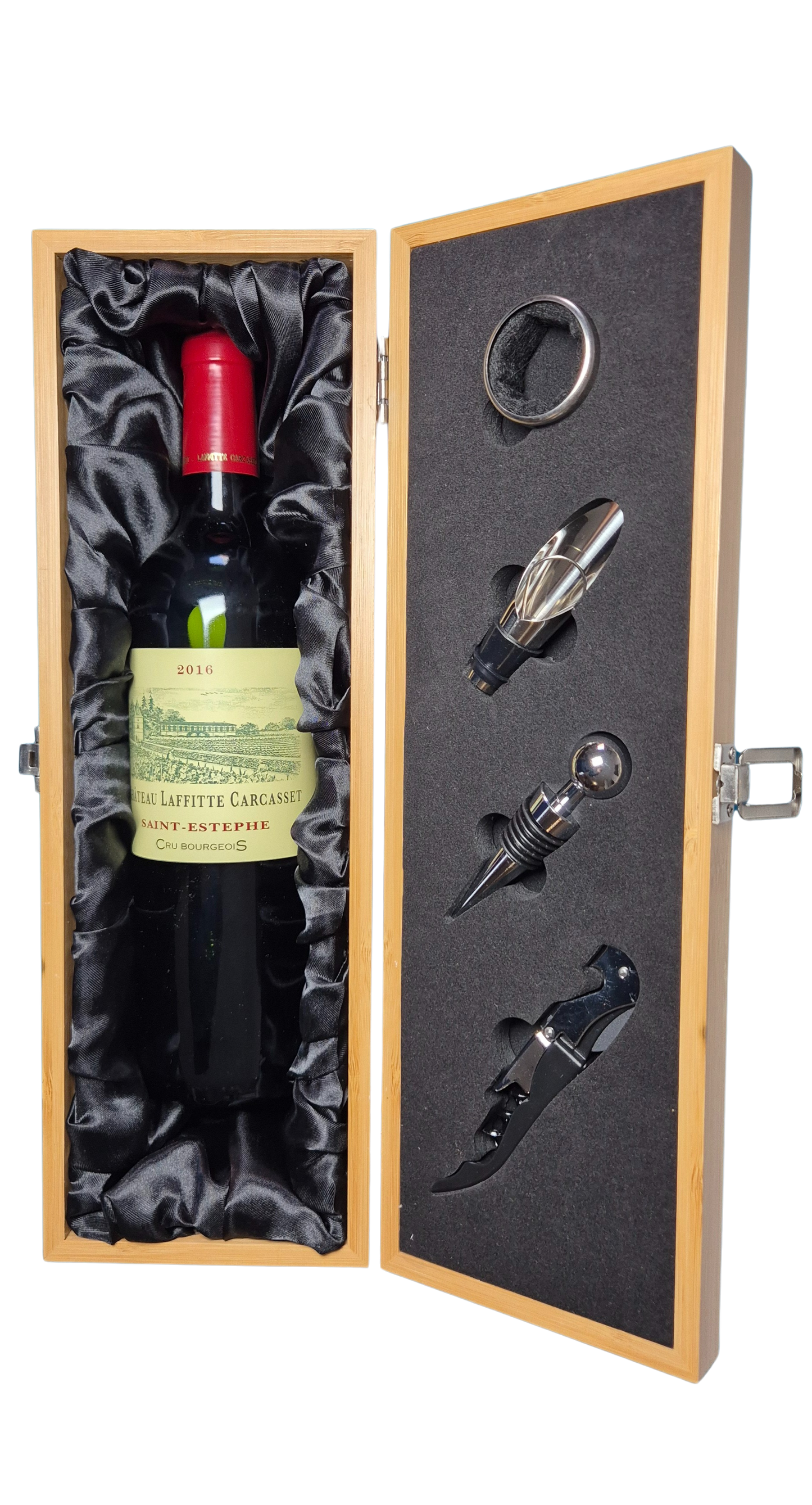 Boîte à vin personnalisable en bois avec accessoires – Coffret cadeau vin gravé (tire-bouchon, bec verseur, bouchon, découpe-capsule) – Idée cadeau homme anniversaire, fête des pères, départ