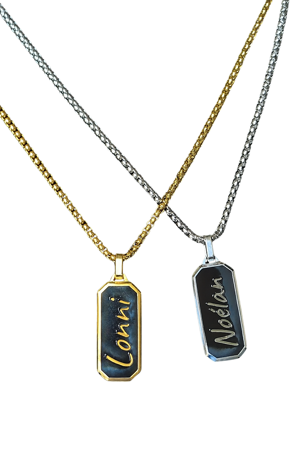 Collier homme personnalisable – pendentif octogonal noir en acier inox 316L – gravure sur mesure – chaîne maille box – Finition Or ou Argent – Idée cadeau