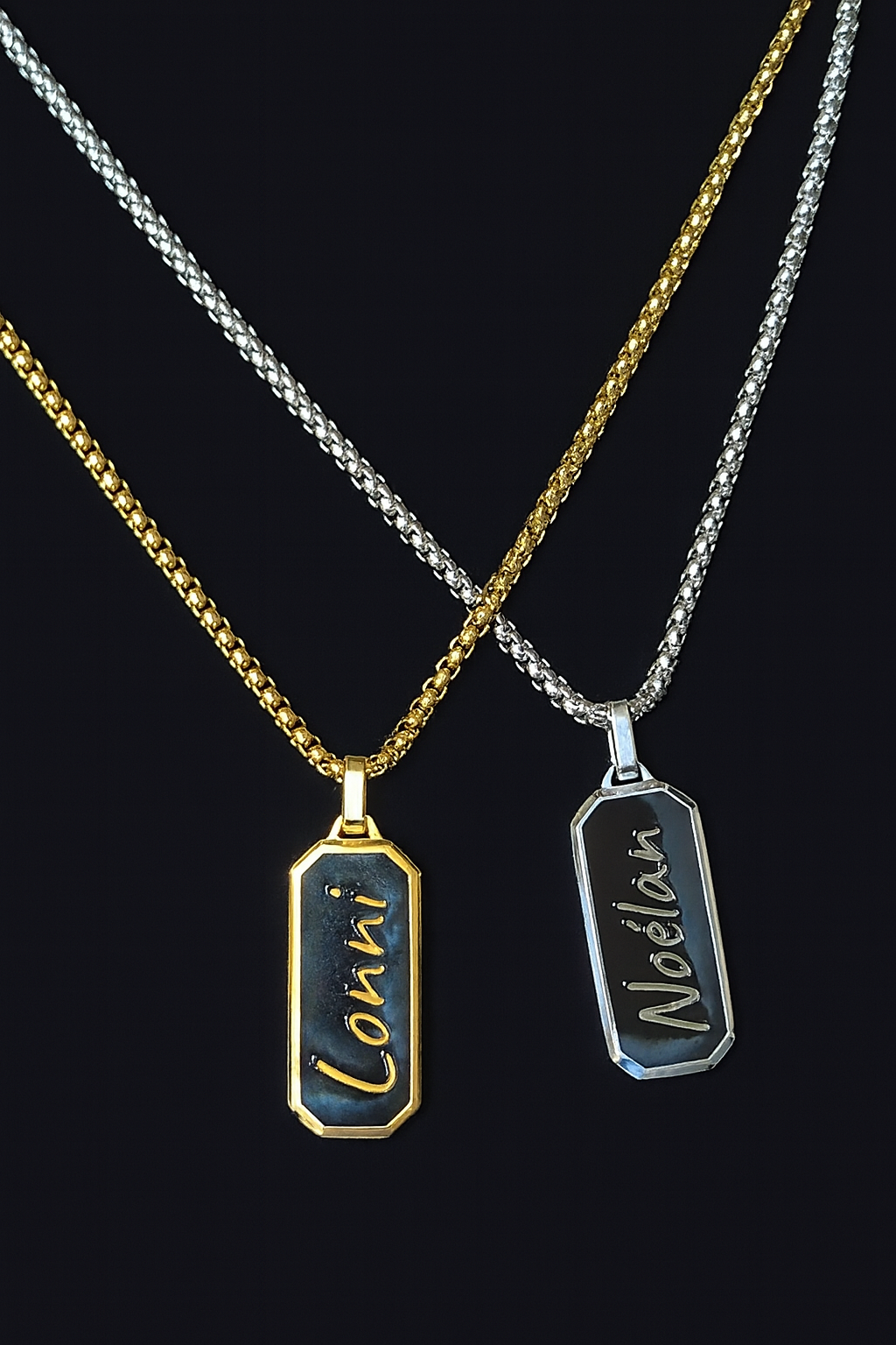 Collier homme personnalisable – pendentif octogonal noir en acier inox 316L – gravure sur mesure – chaîne maille box – Finition Or ou Argent – Idée cadeau