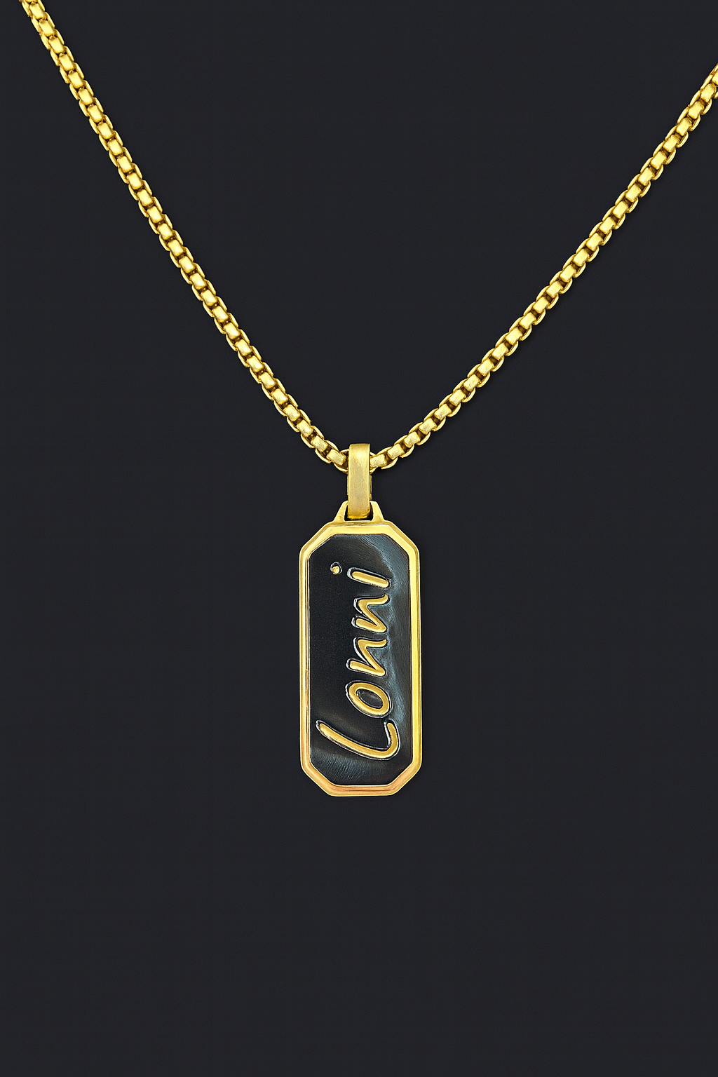 Collier homme personnalisable – pendentif octogonal noir en acier inox 316L – gravure sur mesure – chaîne maille box – Finition Or ou Argent – Idée cadeau