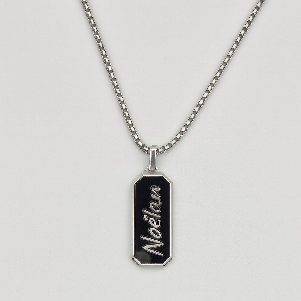 Collier homme personnalisable – pendentif octogonal noir en acier inox 316L – gravure sur mesure – chaîne maille box – Finition Or ou Argent – Idée cadeau