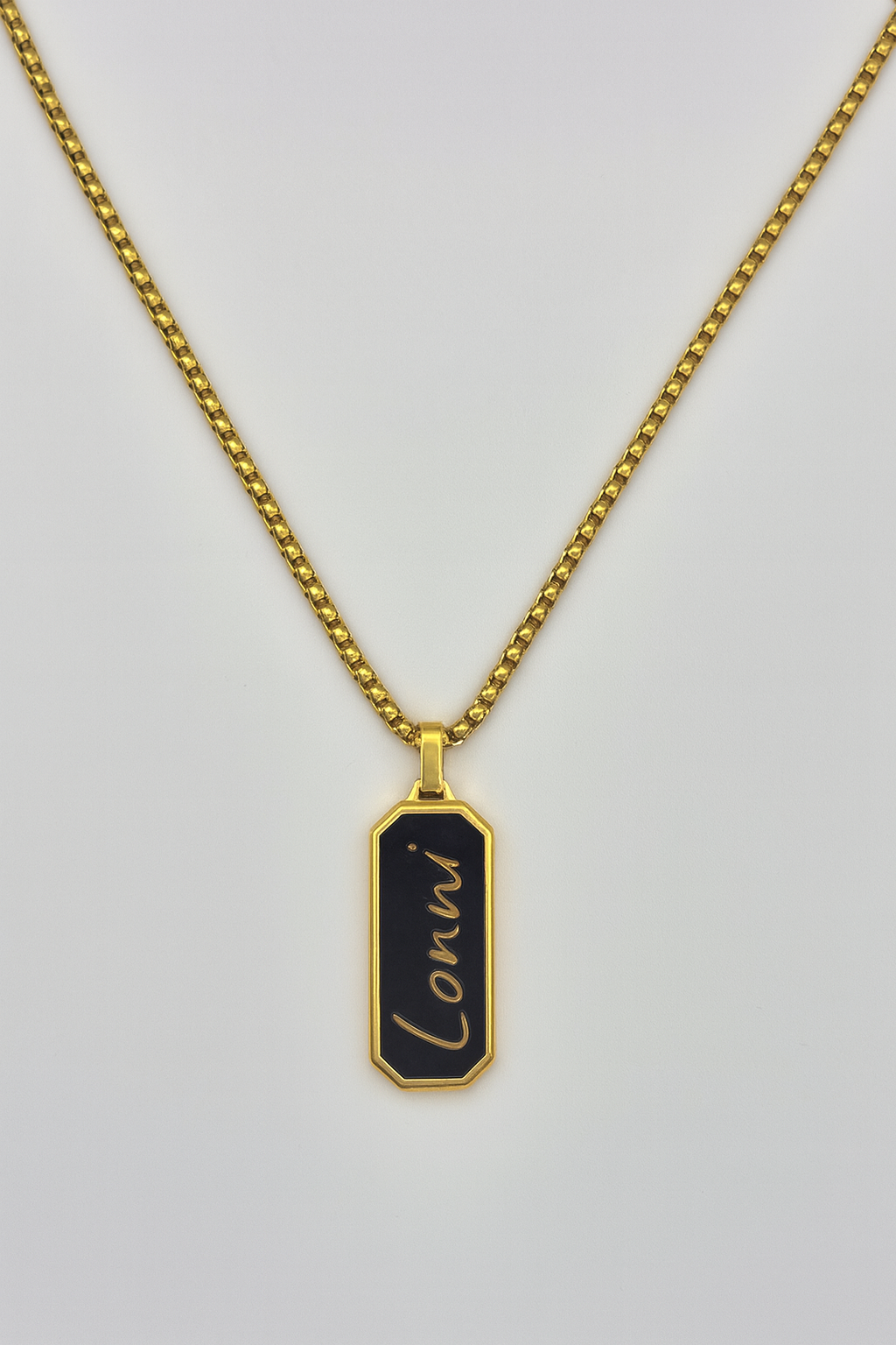 Collier homme personnalisable – pendentif octogonal noir en acier inox 316L – gravure sur mesure – chaîne maille box – Finition Or ou Argent – Idée cadeau