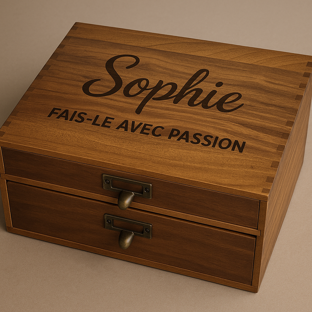 Organiseur de bureau personnalisable avec gravure laser – Coffret organisateur de bureau 2 tiroirs – Cadeau original maître, maîtresse, collègues, parents ou entreprise – 35x27x11 cm