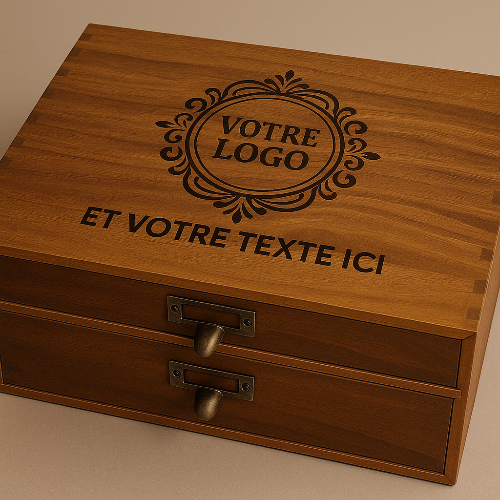 Organiseur de bureau personnalisable avec gravure laser – Coffret organisateur de bureau 2 tiroirs – Cadeau original maître, maîtresse, collègues, parents ou entreprise – 35x27x11 cm