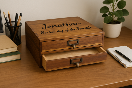 Organiseur de bureau personnalisable avec gravure laser – Coffret organisateur de bureau 2 tiroirs – Cadeau original maître, maîtresse, collègues, parents ou entreprise – 35x27x11 cm
