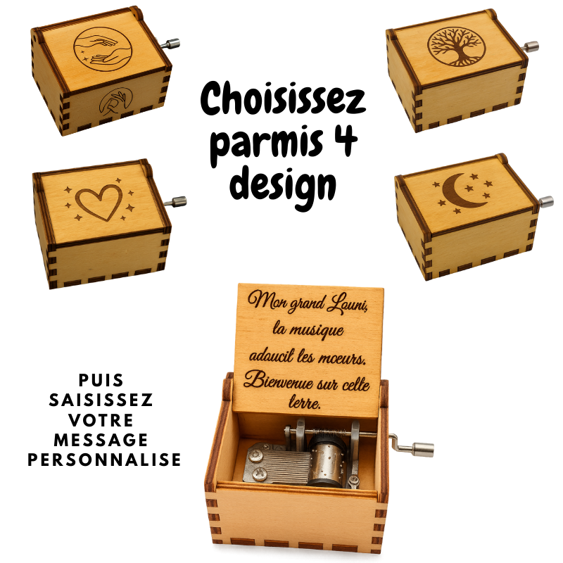 Boîte à Musique Personnalisée en Bois – Gravure Laser sur le Couvercle & Message Intérieur – 4 Designs au Choix (Cœur, Arbre de Vie, Lune, Mains) – Cadeau Naissance, Enfant, Anniversaire