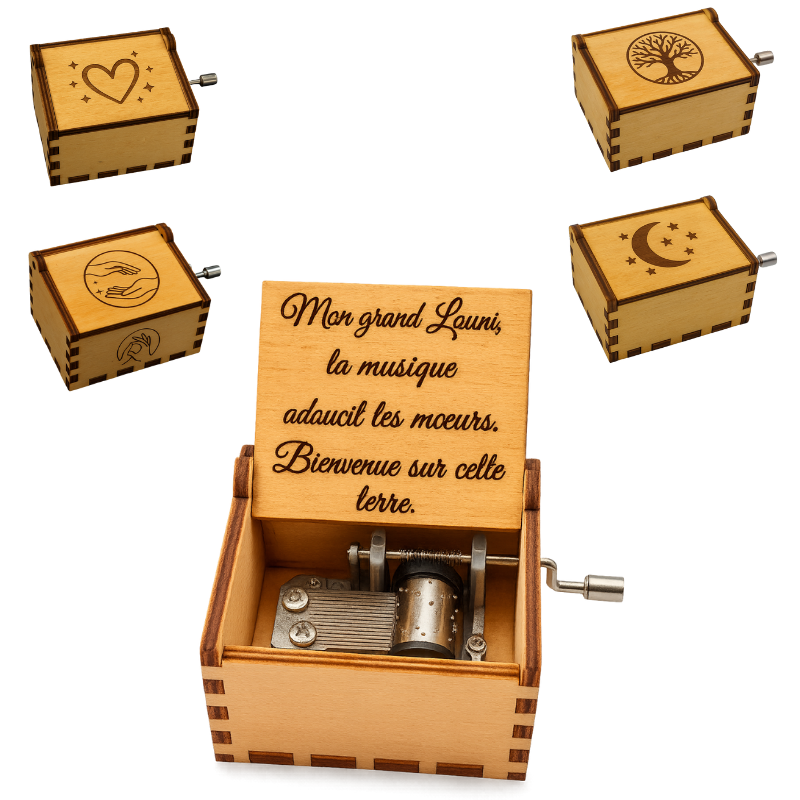 Boîte à Musique Personnalisée en Bois – Gravure Laser sur le Couvercle & Message Intérieur – 4 Designs au Choix (Cœur, Arbre de Vie, Lune, Mains) – Cadeau Naissance, Enfant, Anniversaire