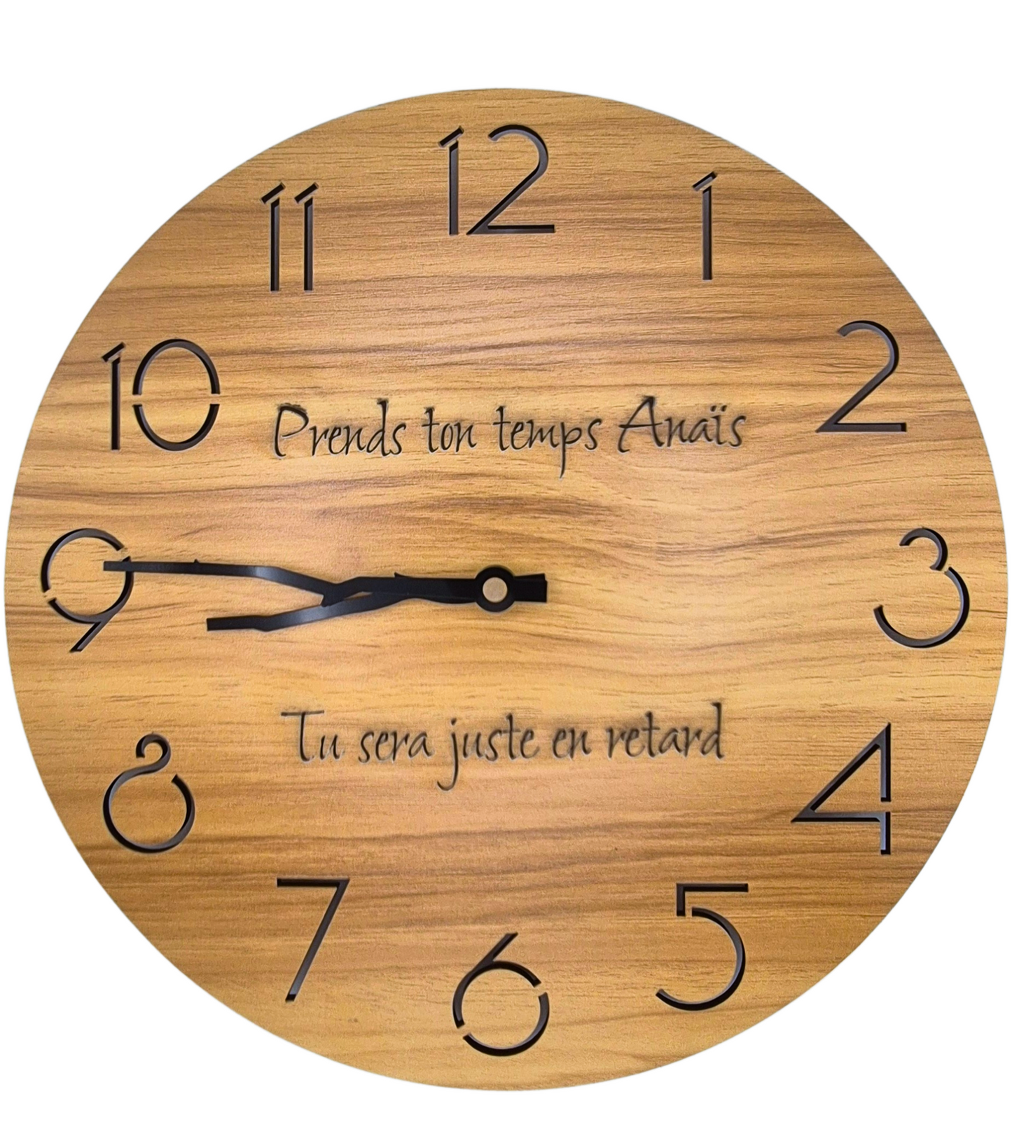 Horloge Murale Bois Personnalisée 30 cm – Message Gravé au-dessus et au-dessous des Aiguilles – Cadeau Unique Famille, Mariage, Anniversaire, Déco Maison