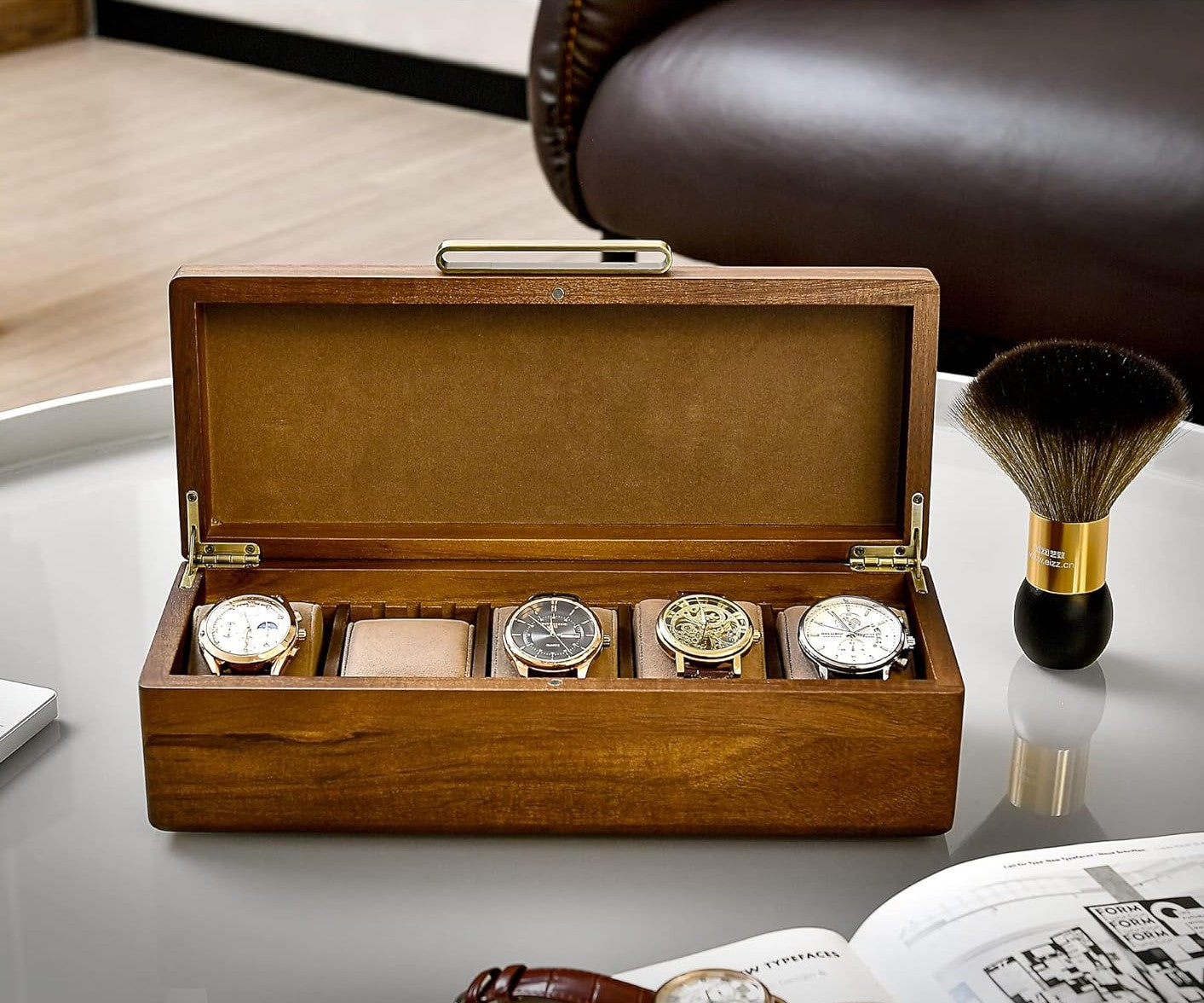 Boîte à Montres personnalisable avec 6 Compartiments, Écrin à Montres pour Hommes, Vitrine de Montres, Boîte de Rangement avec Coussin Amovible