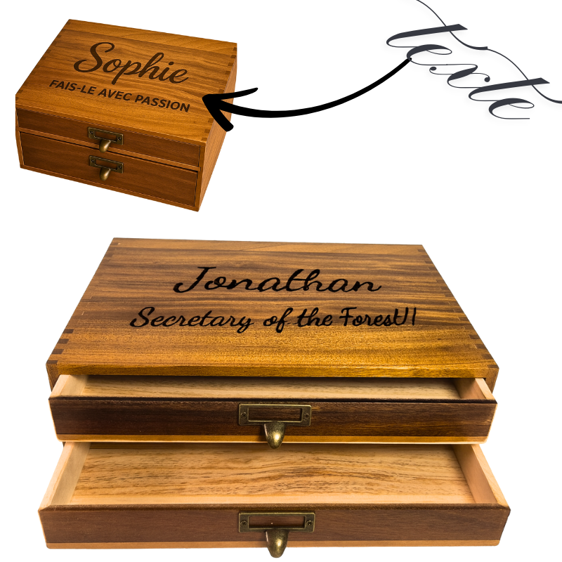 Organiseur de bureau personnalisable avec gravure laser – Coffret organisateur de bureau 2 tiroirs – Cadeau original maître, maîtresse, collègues, parents ou entreprise – 35x27x11 cm